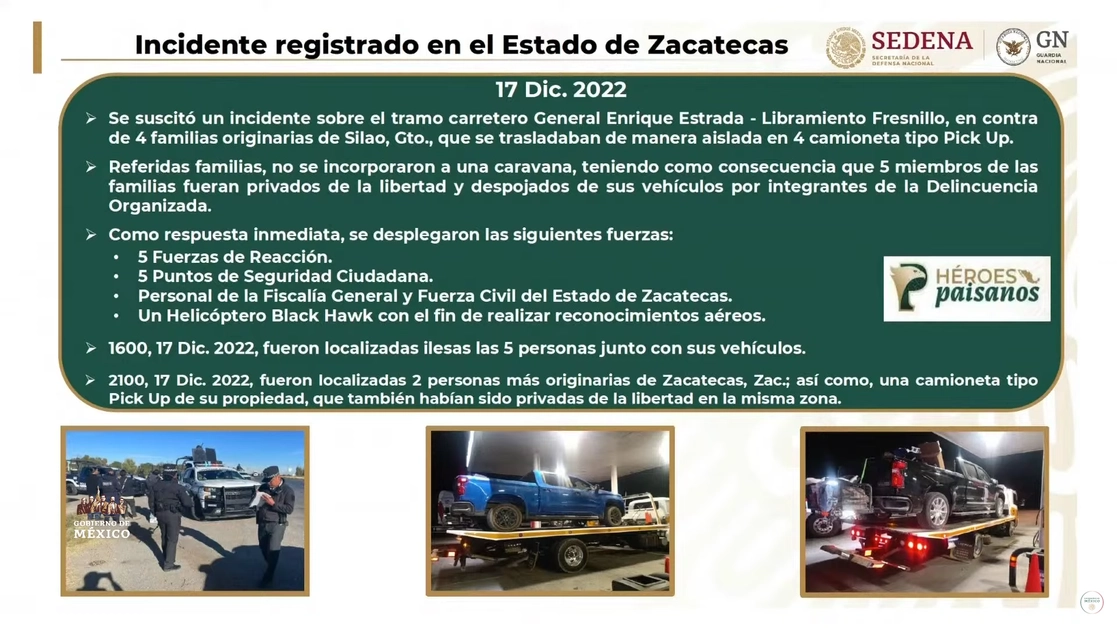 Gráfico presentado en la conferencia presidencial sobre el "incidente" en el que familias de paisanos fueron asaltados en carretera de Zacatecas. Imagen tomada de la transmisión en vivo