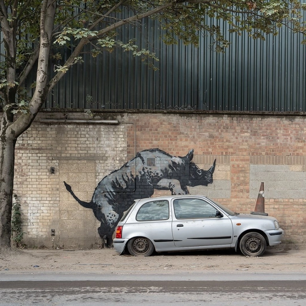 Los días anteriores, un gato, un pelícano, un lobo en una antena parabólica, primates colgando de un puente, elefantes y una cabra --que fue el primer grafiti-- han aparecido en paredes y superficies londinenses. Foto Instagram Bansky