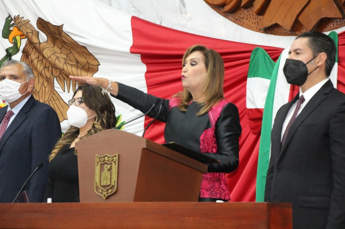 Lorena Cuéllar Cisneros rindió protesta como gobernadora del estado ante el pleno de la LXIV Legislatura local, el 31 de agosto de 2021. Foto ‘La Jornada de Oriente’