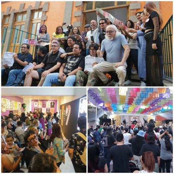 Ignacio Pineda, acompañado de Andrés Mario Ramírez, quien cortó el simbólico listón, además de músicos y alicios. Abajo, momentos de la fiesta de apertura. Foto Pablo Ramos