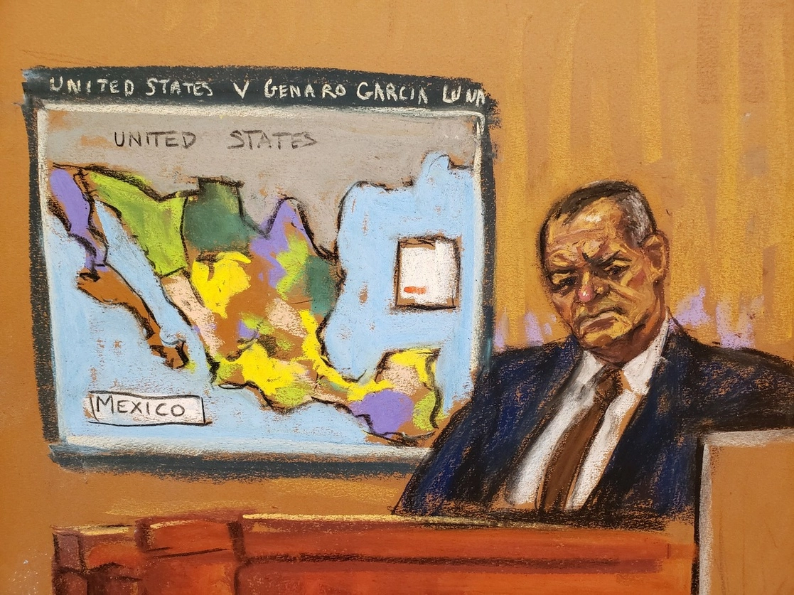 Juicio de Genaro García Luna en NY. Ilustración Jane Rosenberg
