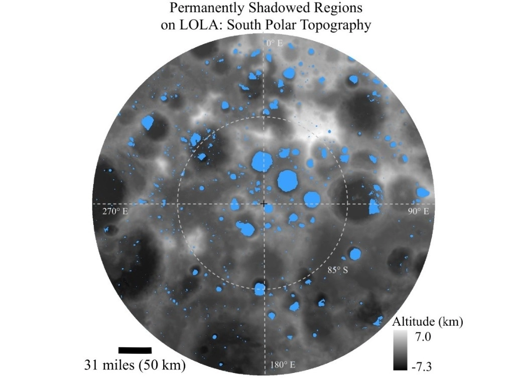 Esta ilustración muestra la distribución de las regiones permanentemente sombreadas (en azul) en la Luna, hacia el polo de los 80 grados de latitud sur. Foto Europa Press