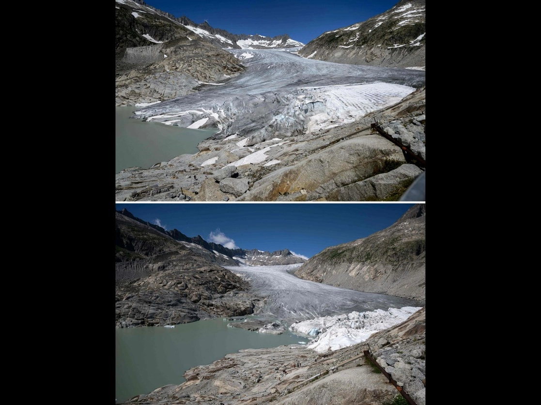  Arriba, el glaciar del Ródano, cerca de Gletsch, con una parte cubierta con espuma aislante para evitar que se derrita, el 14 de julio de 2015, y abajo, el 8 de julio pasado. Foto Afp