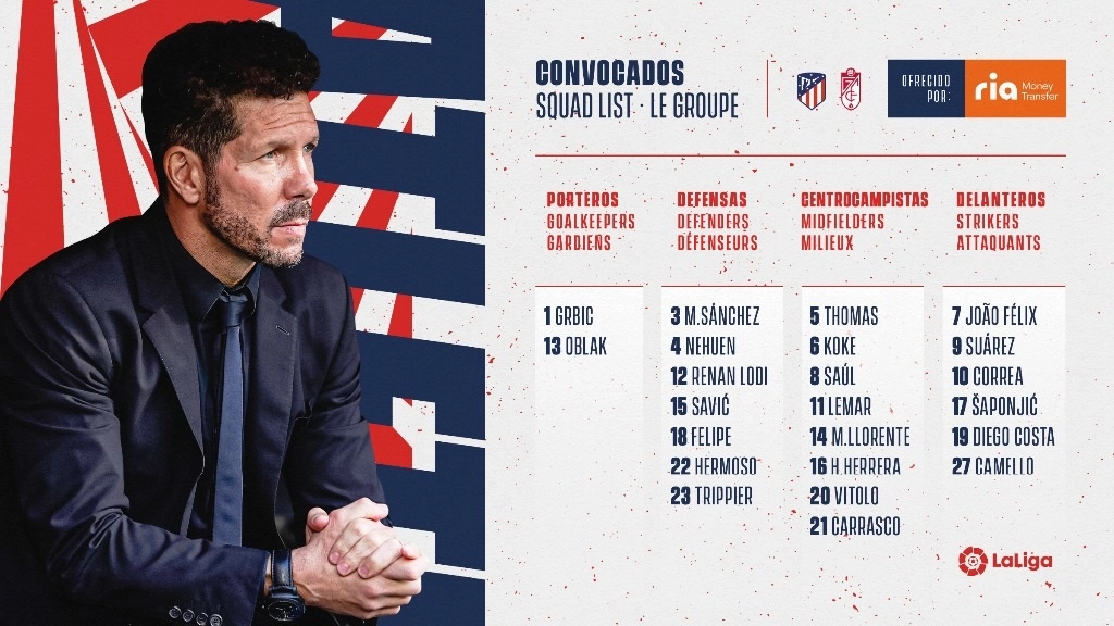 El técnico del Atlético de Madrid, Diego Simeone, mostró su satisfacción por la llegada del delantero uruguayo Luis Suárez, afirmando que sus "números hablan por sí solos" y anunció que jugará contra el Granada en LaLiga el domingo. Foto Twitter @Atleti