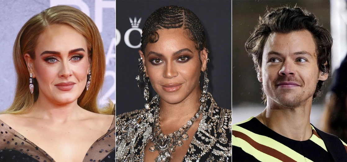 De izquierda a derecha, Adele, Beyoncé y Harry Styles, quienes están entre los nominados a los galardones que se entregarán en Los Ángeles. Foto Ap