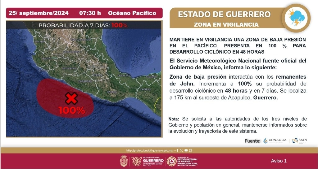 Protección Civil de Guerrero informó que la zona de baja presión en el Océano Pacífico presenta 100% de probabilidades de desarrollo ciclónico. Foto Tomada de X @PC_Guerrero 