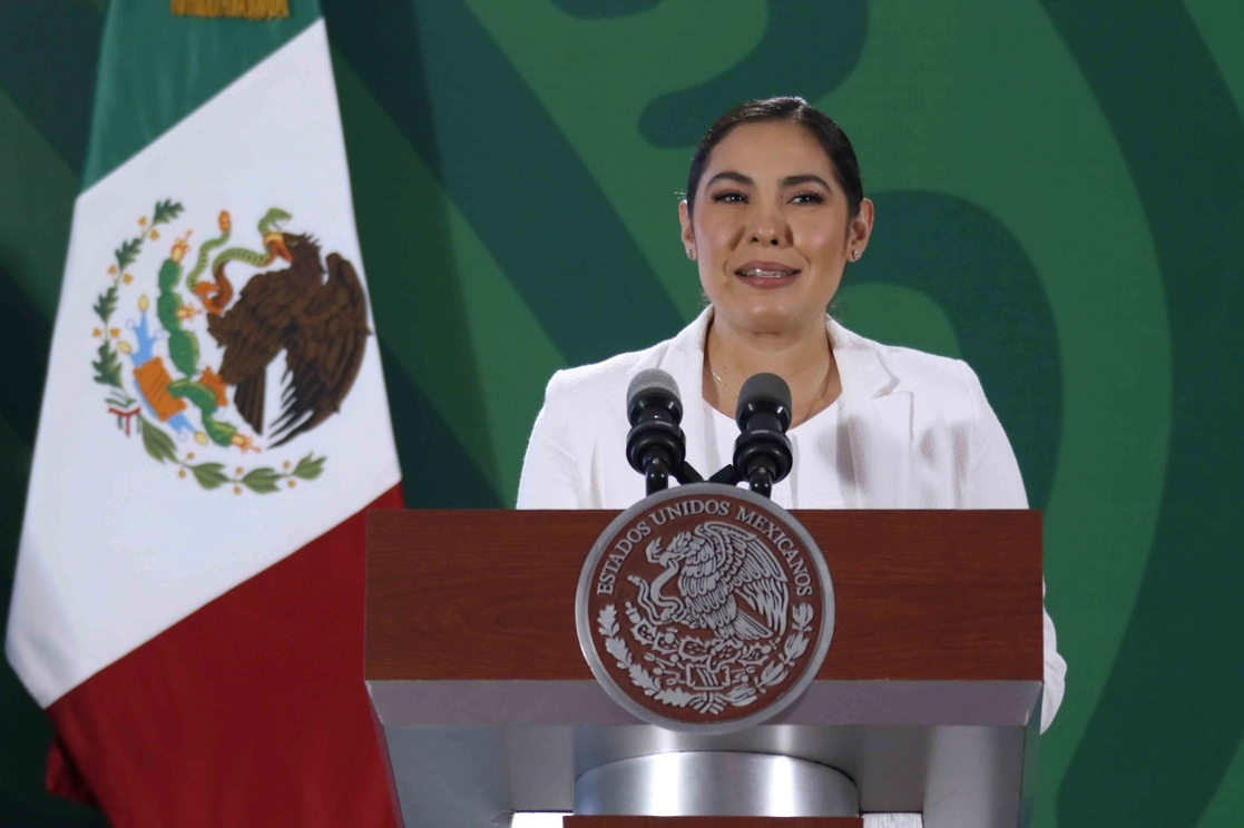 La gobernadora de Colima, Indira Vizcaíno, durante su participación en la conferencia presidencial de este miércoles realizada desde Manzanillo. Foto cortesía Presidencia