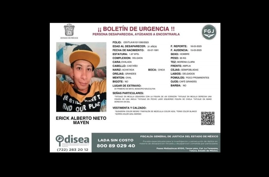 Erick Alberto Nieto Mayen desapareció el 15 de abril en Naucalpan, Edomex. Foto FGJEM