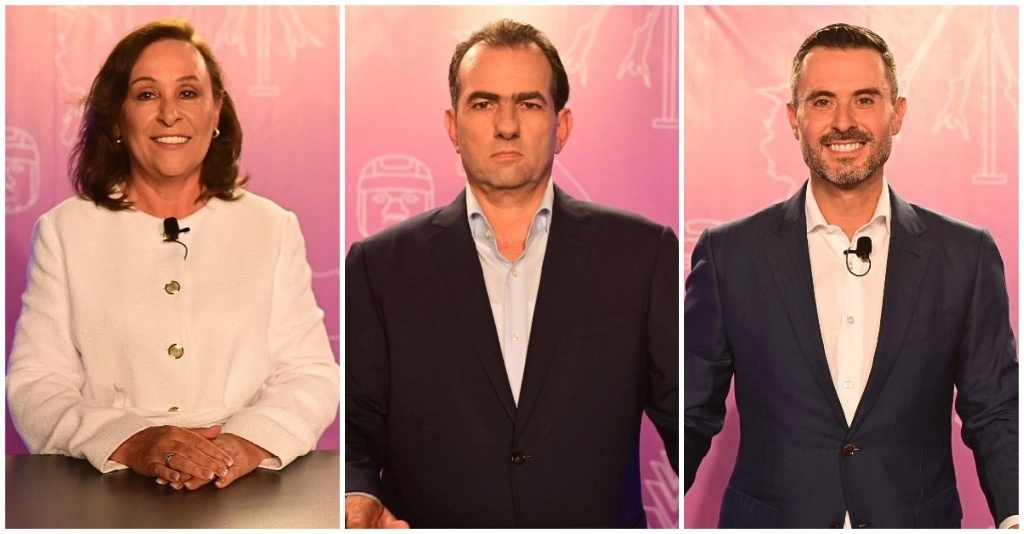 Los candidatos al gobierno de Veracruz, Rocío Nahle García, de la coalición Sigamos Haciendo Historia; José Yunes Zorrilla, de Fuerza y Corazón, e Hipólito Deschamps Barros, por Movimiento Ciudadano, en el debate realizado ayer en el Museo de Antropología de Xalapa. Foto ‘La Jornada’
