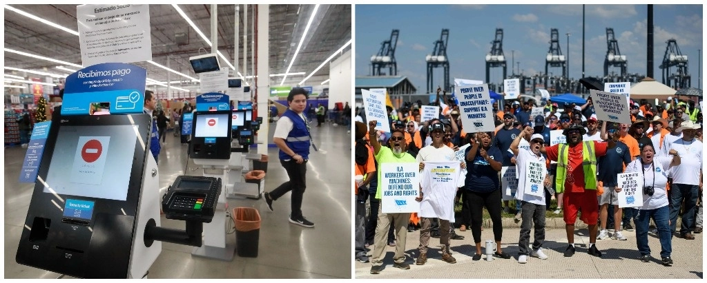 Terminales de autocobro sustituyen a cajeros en centros comerciales. A la derecha, estibadores en el puerto de Bayport, en Texas, protestan por la automatización. Foto de Luis Castillo y Afp 
