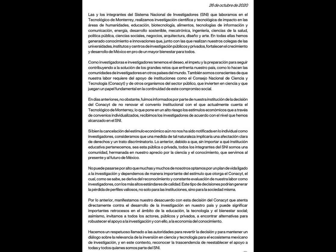 Carta firmada por 519 profesiores del Tecnológico de Monterrey pertenecientes al Sistema Nacional de Investigadores. Imagen tomada del Twitter del @TecdeMonterrey
