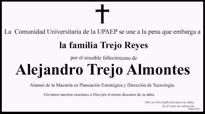 Esquela que la institución publicó por el estudiante. Foto @UPAEP