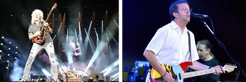 May, Queen y Adam Lambert, en un concierto a beneficio de las víctimas de los incendios forestales en Australia, y Clapton, durante la presentación de su álbum 'Me & Mr Johnson', en París. Foto Afp