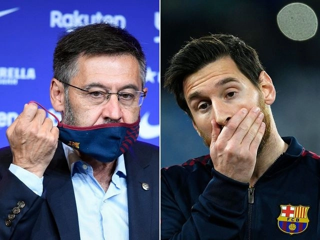 El presidente del Barça, Josep María Bartomeu y el jugador argentino Lionel Messi. Foto Afp / Archivo