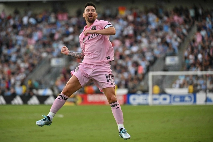 Lionel Messi celebra su gol en la victoria 4-1 del Inter Miami en la semifinal de la Leagues Cup. Foto Afp.