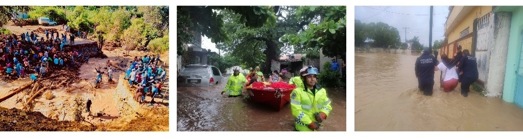 Pobladores de Acatepec, en la Montaña de Guerrero (izquierda), restauran un camino dañado por el huracán ‘John’, mientras en Juchitán, Oaxaca (en medio), y Coatzacoalcos y Agua Dulce, Veracruz (derecha), sufren por las inundaciones que dejó la depresión 11-E. Fotos 'La Jornada' e Hiram Moreno