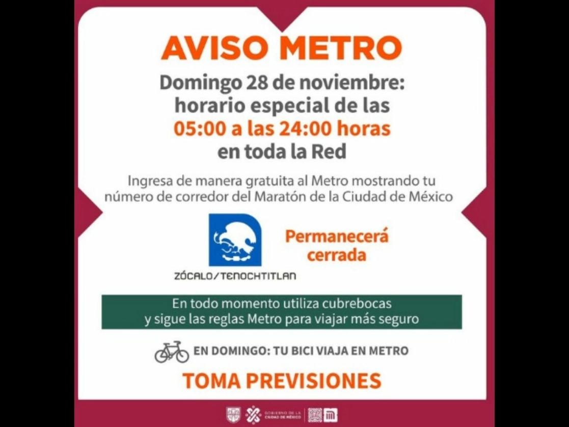El Maratón de la Ciudad de México se realizará el domingo 28 de noviembre de 2021. Foto tomada del Twitter de @MetroCDMX
