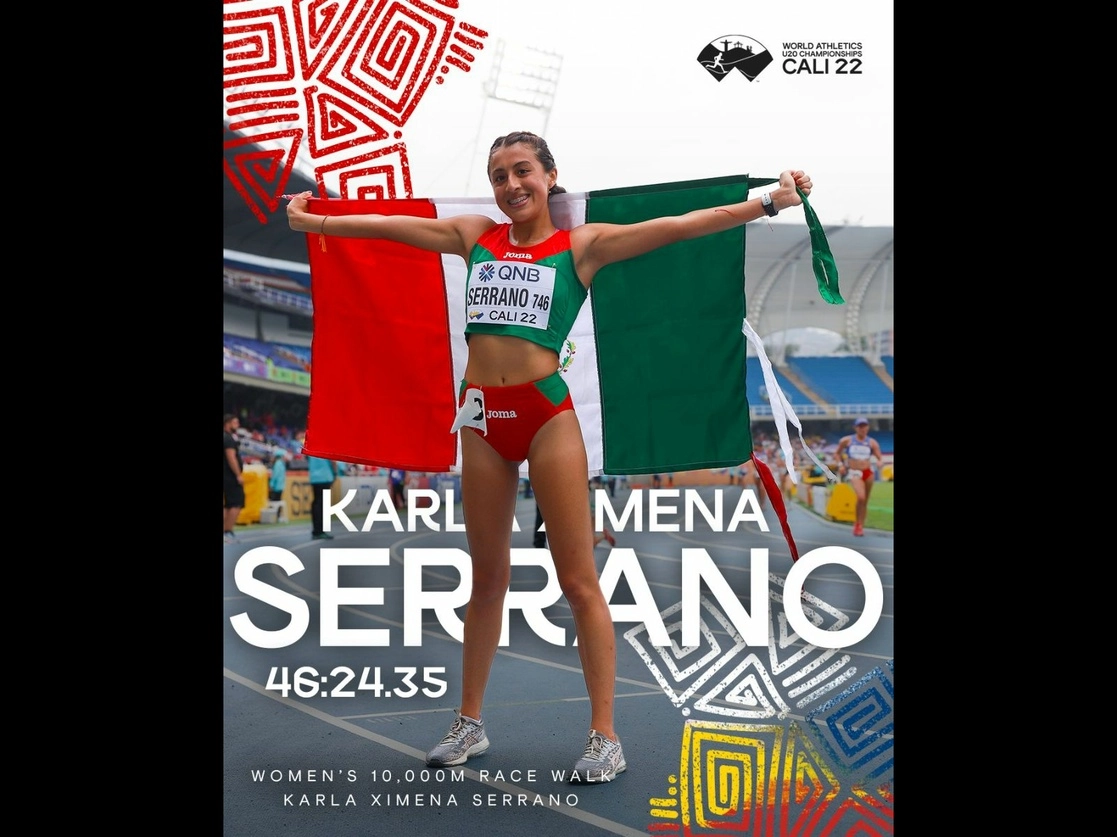 México logró su primera medalla de oro con la marchista Karla Ximena Serrano en el Campeonato Mundial de Atletismo sub-20 que se lleva a cabo en Cali, Colombia, el 5 de agosto de 2022. Imagen tomada del Twitter de @WorldAthletics