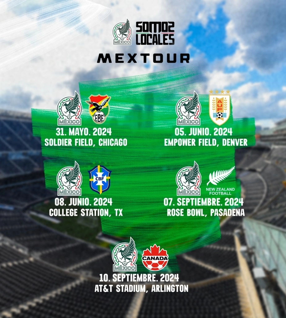 México anunció su calendario de partidos amistosos que celebrará en Estados Unidos durante 2024 en el que confirmó choques contra Uruguay y Brasil, y sumó a Bolivia, Nueva Zelanda y Canadá a su lista de adversarios. Imagen tomada de @miseleccionmx