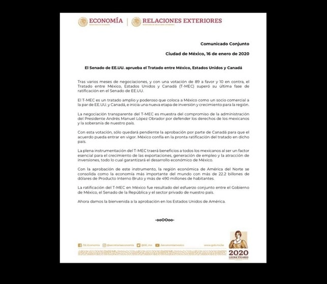 Cuando sea instrumentado, previeron, inicia una nueva etapa de inversión y crecimiento para la región de América del Norte. Imagen tomada de @SE_mx