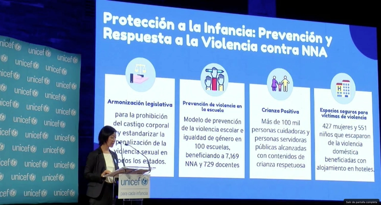 Durante la presentación del Informe Anual 2022 de la Unicef, el 18 de mayo de 2023. Imagen tomada de la transmisión en vivo a través de Facebook @unicefmexico