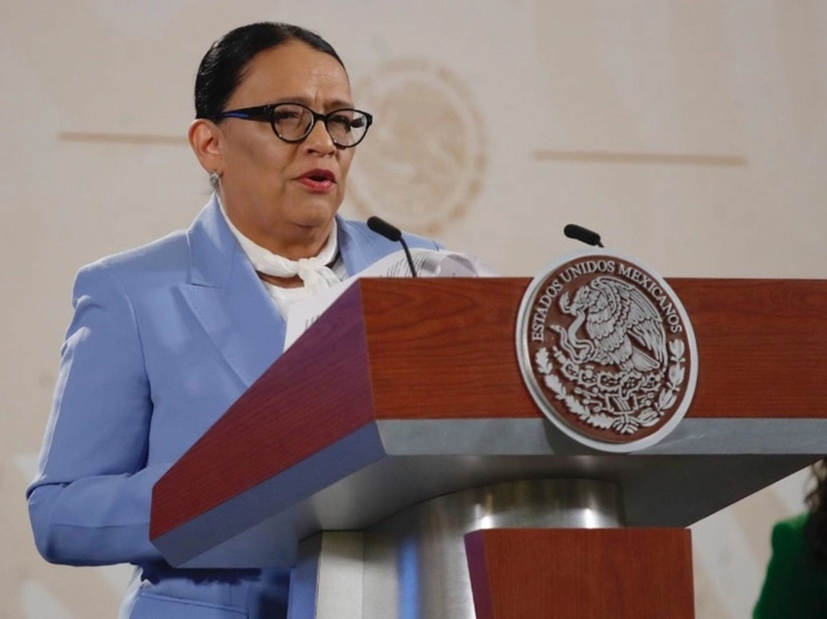 La titular de la Secretaría de Seguridad y Protección Ciudadana, Rosa Icela Rodríguez Velázquez, durante la conferencia presidencial en Palacio Nacional, el 26 de julio de 2023. Foto Cristina Rodríguez