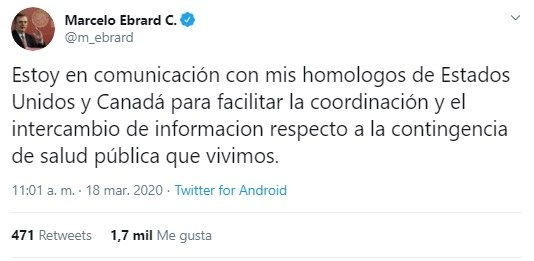 Ebrard subrayó que la estrategia de México está basada en las disposiciones y mecanismos sugeridos por la Organización Mundial de la Salud. Imagen tomada de Twitter 