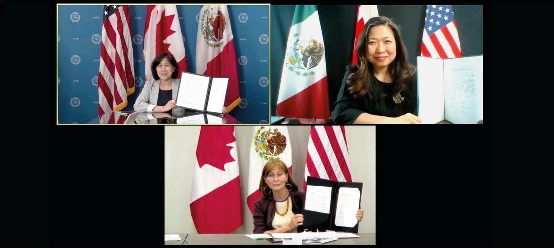 Declaración Conjunta de México, Estados Unidos y Canadá sobre la Primera Reunión de la Comisión de Libre Comercio del T-MEC. Foto @SE_MX