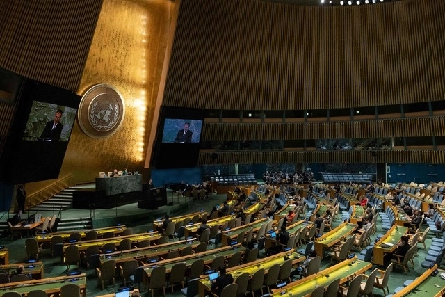El canciller de México, Marcelo Ebrard durante su intervención en la Asamblea General de la ONU en Nueva York. Foto Afp