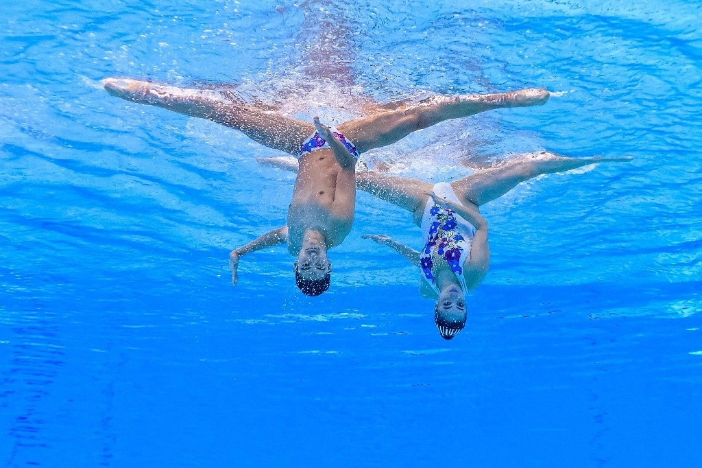 Trinidad Meza y Diego Villalobos obtuvieron la medalla de bronce en la prueba de dueto mixto doble con una puntuación de 192.5772. Foto Afp