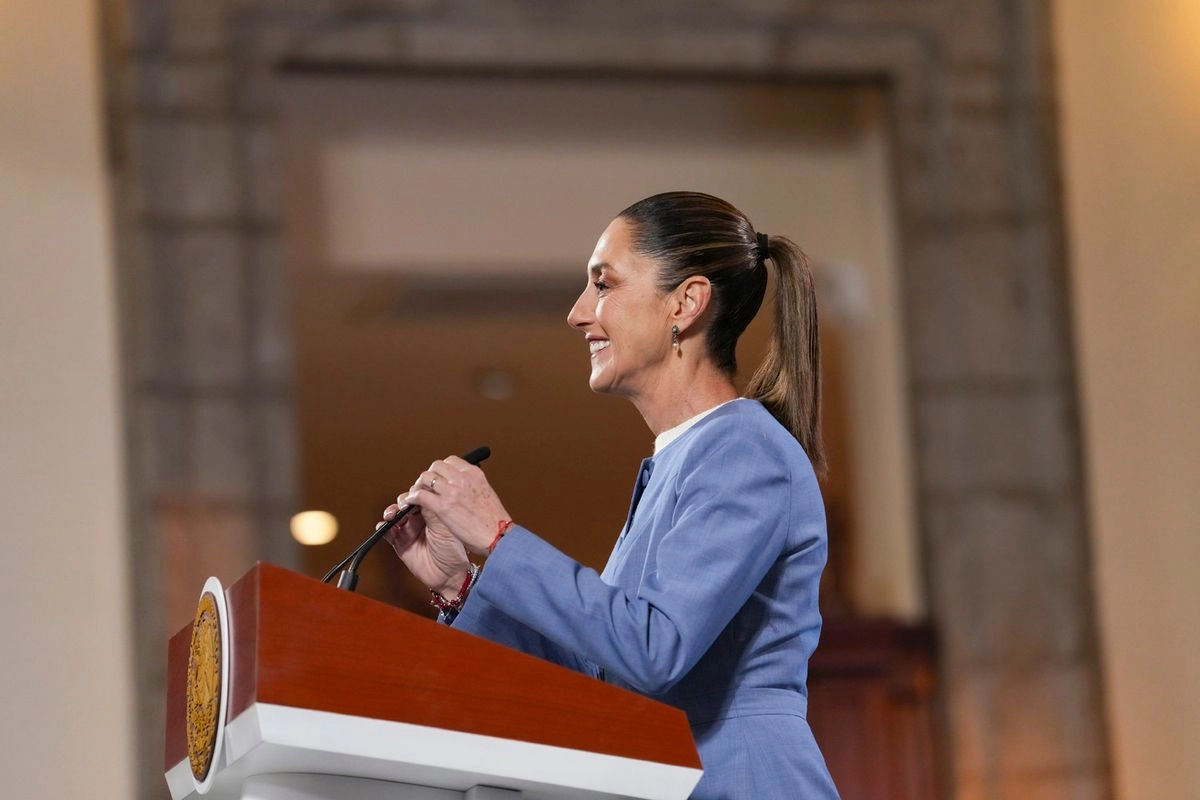La presidenta Claudia Sheinbaum durante su conferencia matutina en Palacio Nacional, en la Ciudad de México, el 1 de agosto de 2025.