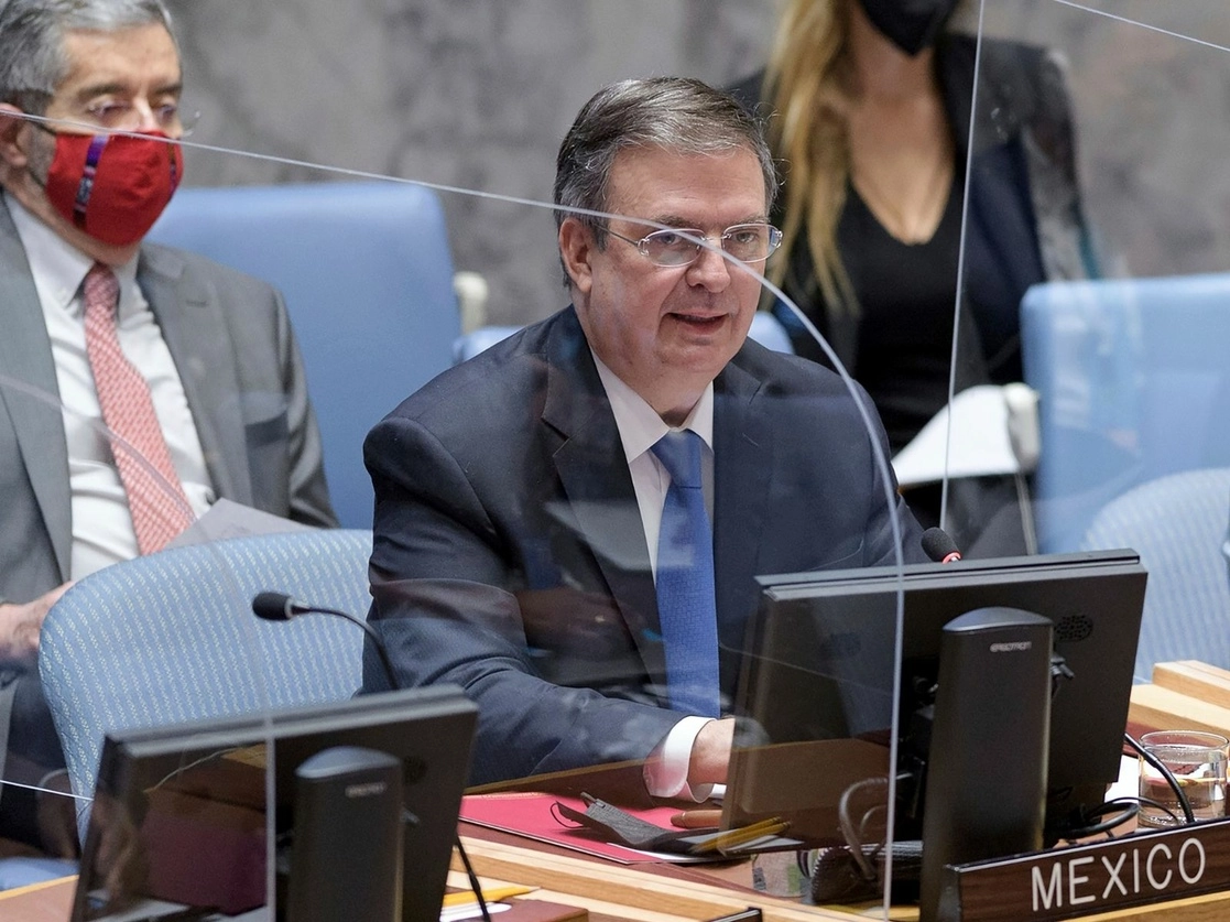 El canciller Marcelo Ebrard al encabezar la sesión del Consejo de Seguridad de la ONU, el 22 de noviembre de 2021. Foto Ap