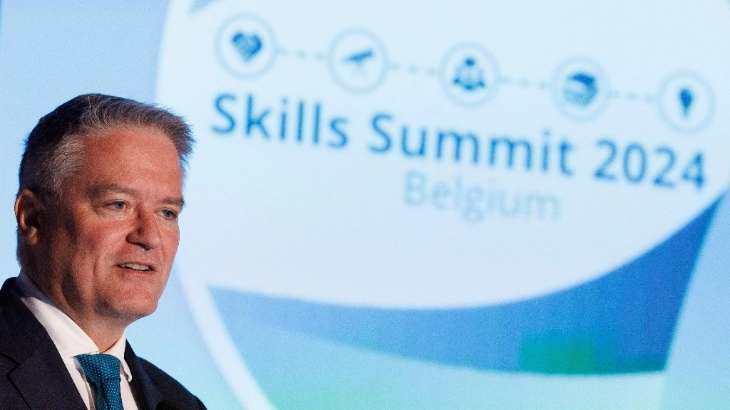 El secretario general de la OCDE, Mathias Cormann, durante un evento en Bruselas, Bélgica, el 21 de febrero de 2024. Foto Afp