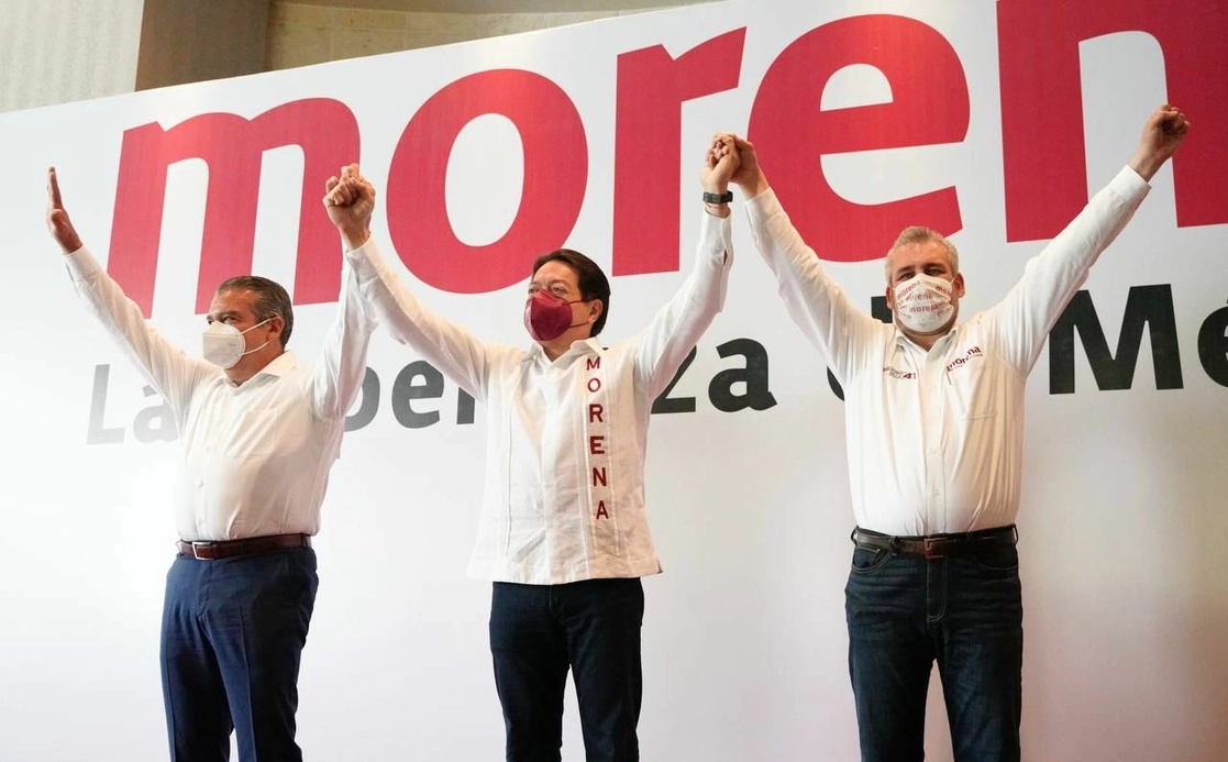Alfredo Ramírez, Mario Delgado y Raúl Morón durante la presentación del primero como candidato. Foto de sus redes sociales