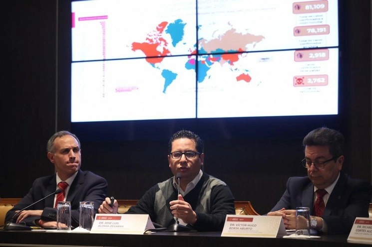 Conferencia de prensa en la Secretaría de Salud, donde se abordó el Covid-19, con la presencia de Miguel Angel Nakamura, Olivia López, Hugo López Gatell, Jose Luis Alomia, Víctor Hugo Borja, y Ricardo Cortés. Foto Marco Peláez