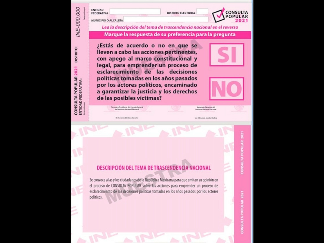 Proyecto de boleta para la consulta popular sobre el desempeño de políticos del pasado. Cortesía INE 
