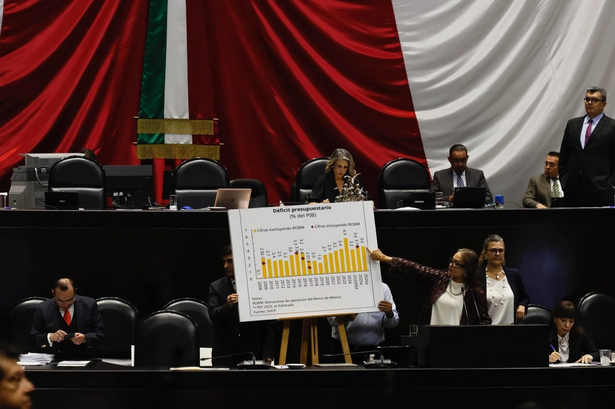 Diputados discutían ayer en lo particular el dictamen del Presupuesto de Egresos de la Federación 2026. En la tribuna, la morenista Patricia Armendáriz. Foto 