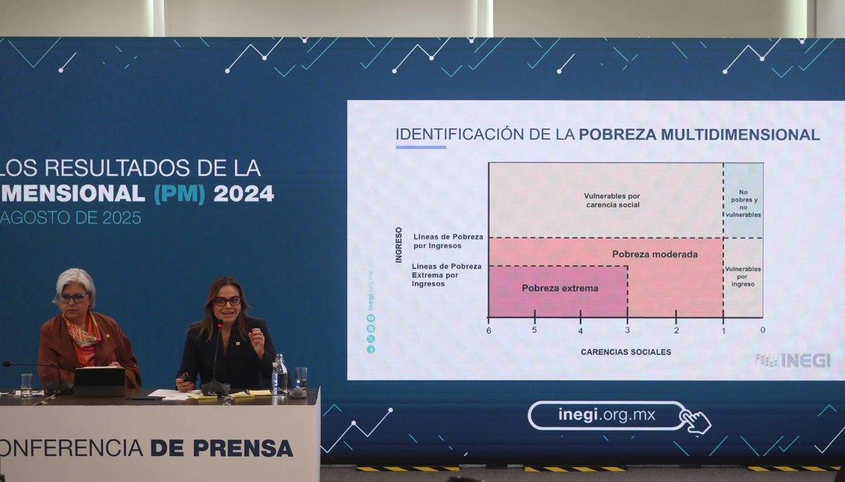 Graciela Márquez Colín, directora del Instituto Nacional de Estadística y Geografía, y Claudia Maldonado Trujillo, titular de la Unidad Especializada para la Medición de la Pobreza, durante la conferencia de prensa en la que dieron a conocer los resultados del reporte de pobreza multidimensional 2024, en el Inegi. Foto 