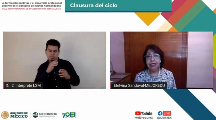 Clausurar del ciclo iberoamericano “La formación continua y el desarrollo profesional docente en el contexto de nuevas normalidades”, organizado por Mejoredu. Imagen tomada de la transmisión a través del canal de YouTube de MejoreduMX