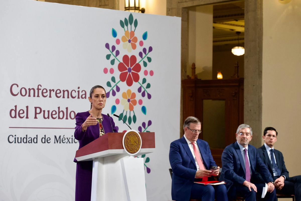 La presidenta Claudia Sheinbaum, durante su conferencia de prensa desde Palacio Nacional, en la Ciudad de México, el 31 de julio de 2025. 