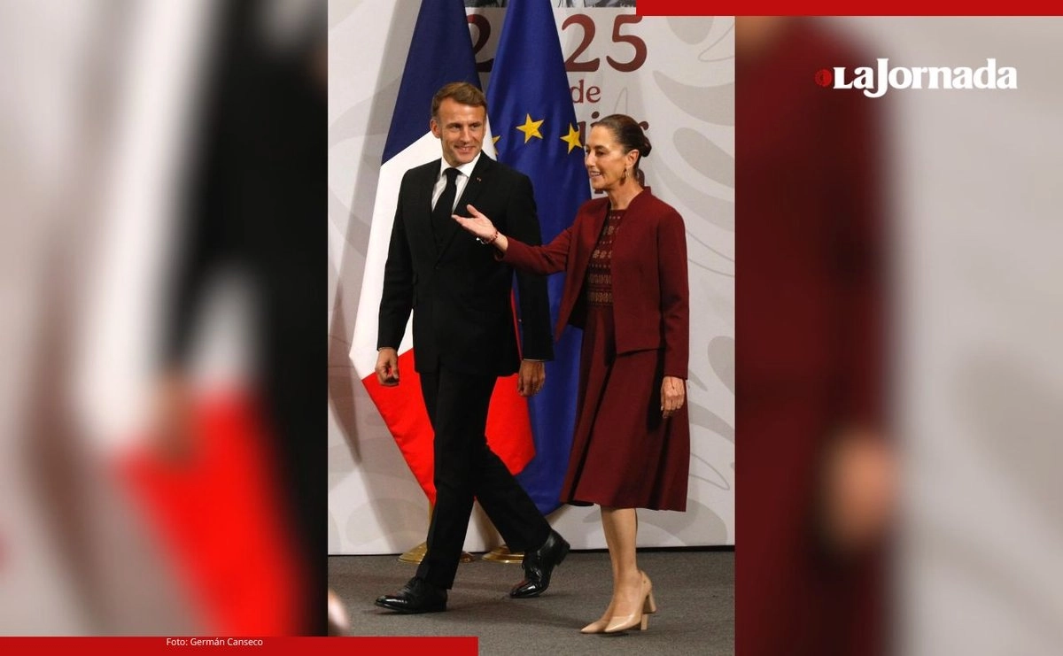 Conferencia de prensa de los presidentes de México y Francia, Claudia Sheinbaum y Emmanuel Macron, respectivamente, en el Salón Tesorería de Palacio Nacional, en la Ciudad de México, el 7 de noviembre de 2025. 