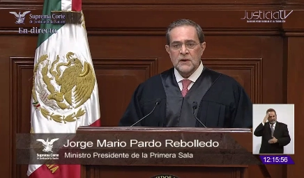 El ministro Jorge Mario Pardo Rebolledo, presidente de la Primera Sala de la SCJN, durante la presentación de su informe anual de labores. Imagen tomada de la transmisión en vivo 