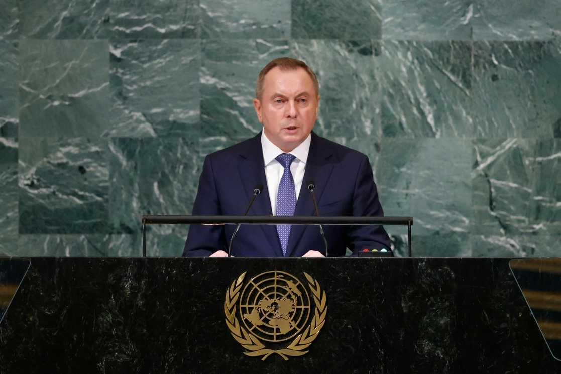 el ministro de Exteriores bielorruso, Vladímir Makéi, durante la 77 sesión de la Asamblea General de las Naciones Unidas, el 24 de septiembre de 2022. Foto Ap