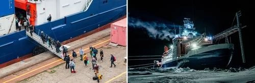Expertos y tripulación que remplazarán al equipo del rompehielos (a la derecha) abordan el barco 'RV Maria S Merian', en Bremerhaven, en la costa de Svalbard. Foto Afp