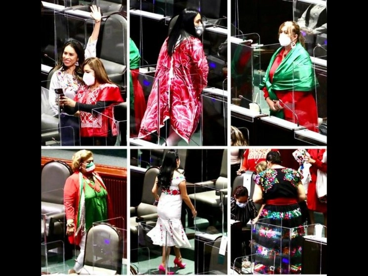 Diputadas federales lucen vestidos típicos mexicanos durante la sesión ordinaria en la sala de plenos del Congreso de la Unión, en la Ciudad de México, el 15 de septiembre de 2020. Foto Luis Castillo
