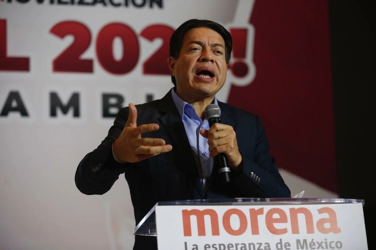 Mario Delgado, presidente de Morena, anuncia que su partido financiará a los delegados Marcelo Ebrard, Claudia SheiNbaum, Adán augusto López y Ricardo Monreal, en el proceso de designación del Coordinador Nacional de la defensa de la Cuarta Transformación, en la Ciudad de México, el 16 de junio de 2023. Foto José Antonio López