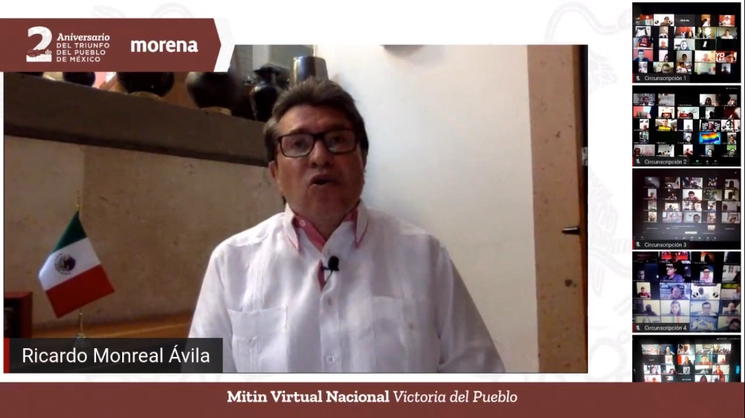 Ricardo Monreal, líder de Morena en el Senado, en el mitin virtual del partido por el segundo aniversario de las elecciones de 2018. Imagen tomada de la transmisión en vivo vía Facebook 