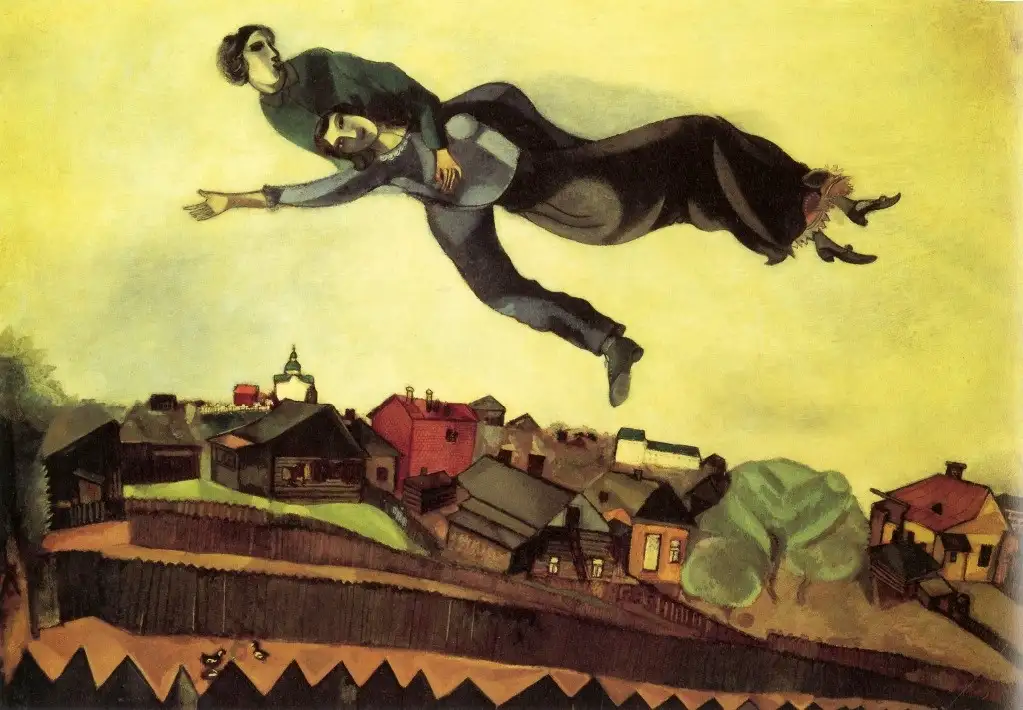 ‘Over the Town’ (1915), de Marc Chagall, donde retrata el pueblo de Vitebsk. Foto tomada de The Art Book (editorial Phaidon) y André Kertész, publicada en Lives of the Great 20th Century Artists, de Edward Lucie-Smith, editado por Thames & Hudson