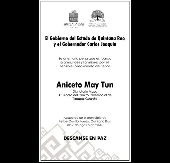 Aniceto May Tun era la única persona facultada para leer el “A’ almaj T’aan”, el libro Sagrado de los Mayas. Imagen tomada del Twitter @GobQuintanaRoo