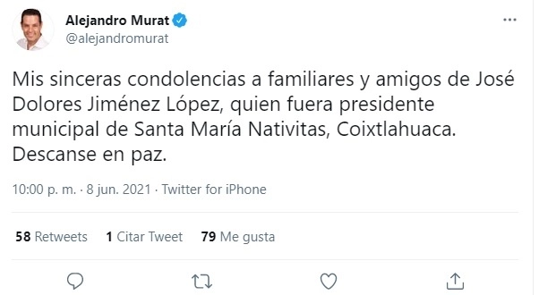 El gobernador informó del deceso en su cuenta de Twitter